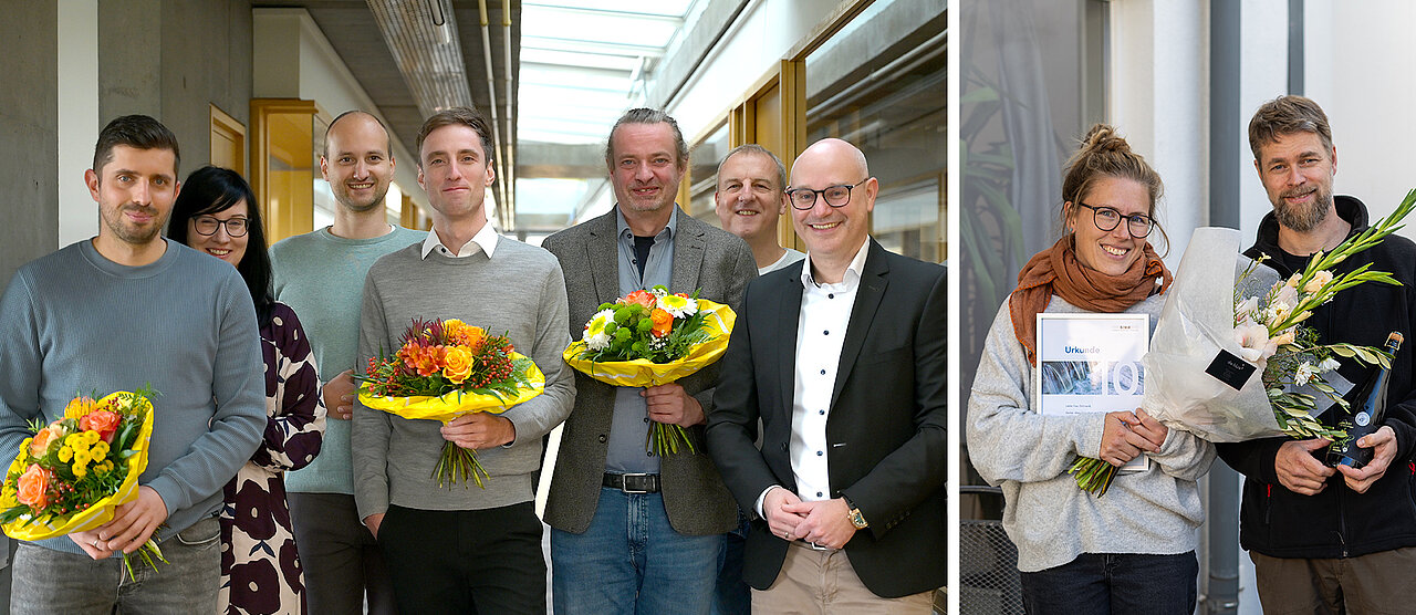 Jubilare mit Blumenstrauß: Thomas Gruhl, Daniel Kerres, Gernot Belger, Stefanie Schnaidt
